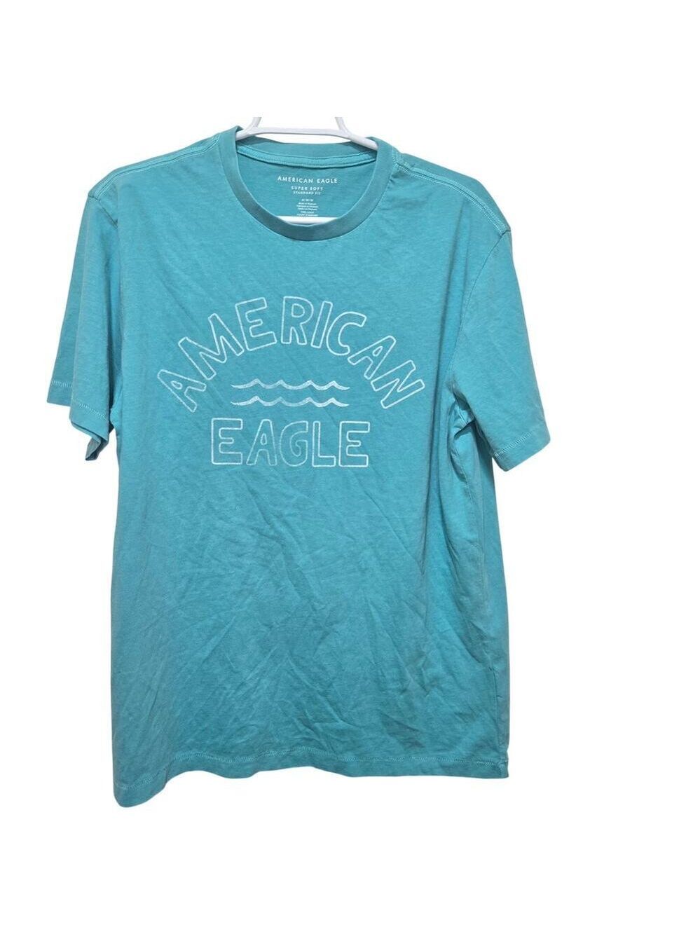 American Eagle Super Soft Logo Tee Mens M Teal Wave Graphic